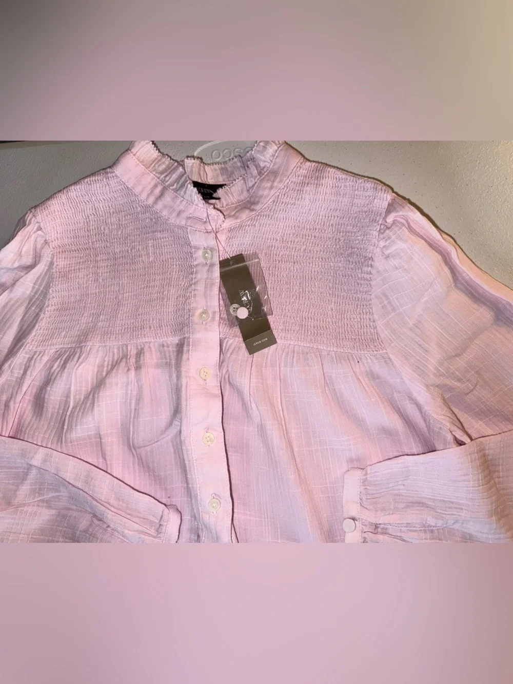 J.Crew NWT Pink Smocked Ruffle Neck Cotton Blouse XS Long Sleeve Boho Top